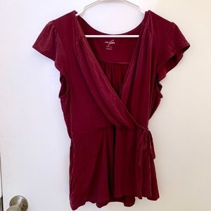 Francesca’s Alya Maroon Peplum Surplice Top